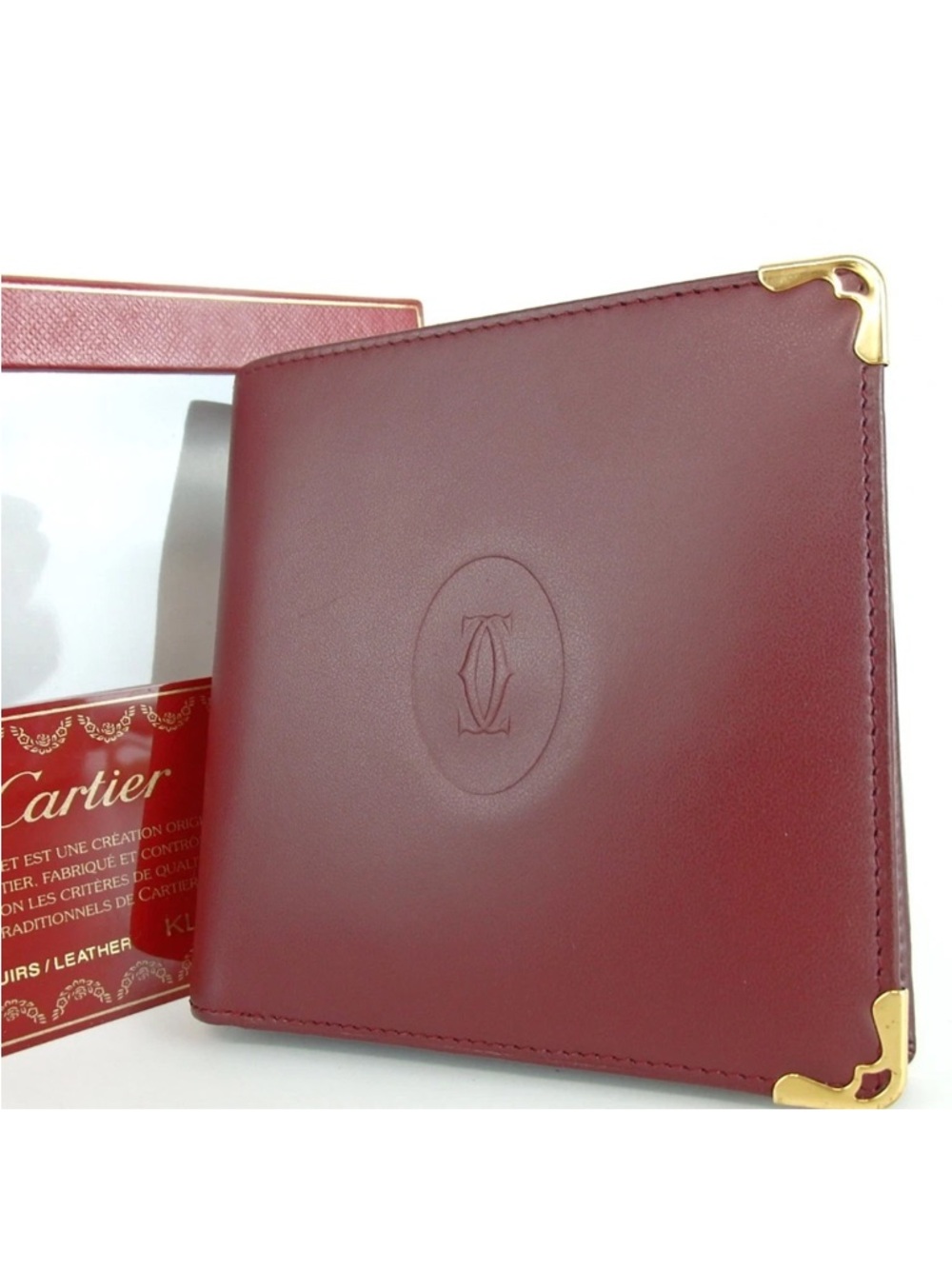 Cartier Burgundy Leather Bifold Wallet with Gold Corner Accents